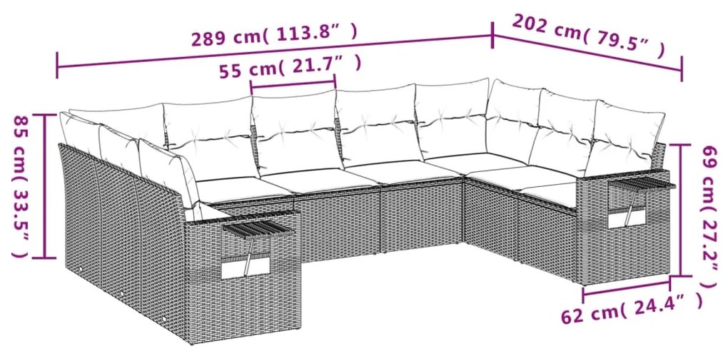 Set Divani da Giardino 9pz con Cuscini Marrone in Polyrattan