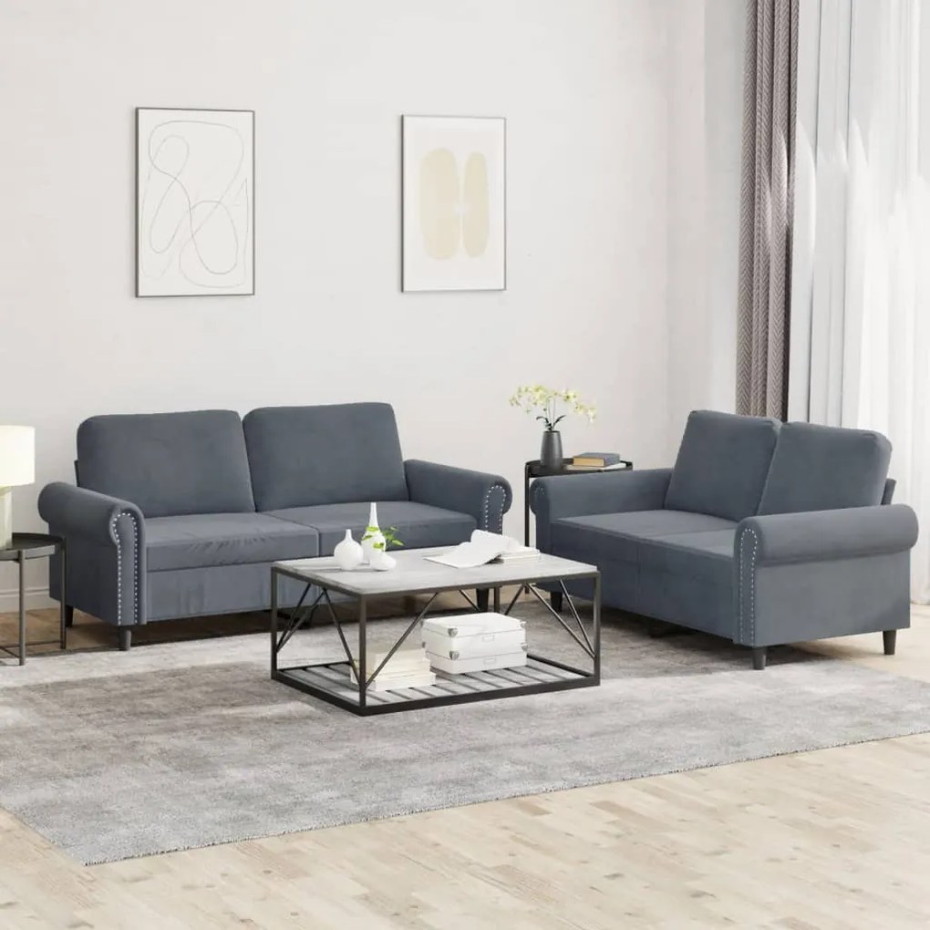 Set Di Divani 2 Pz Con Cuscini Grigio Scuro İn Velluto /