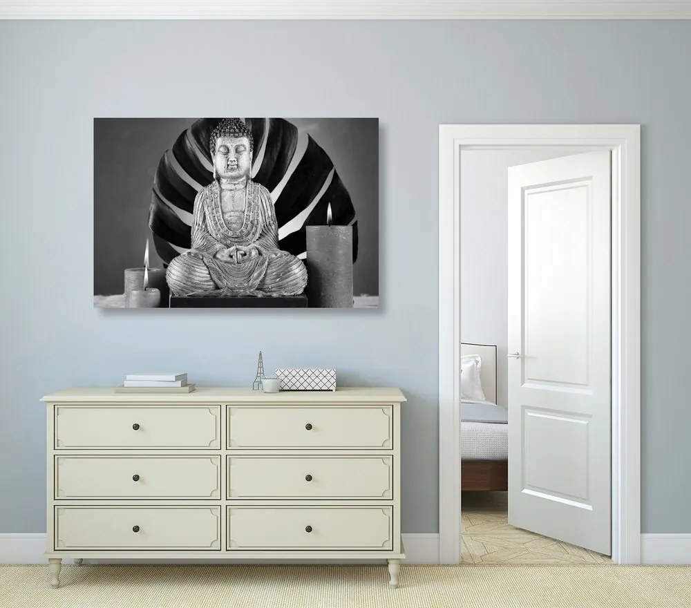 Stampa su tela – Buddha con natura morta rilassante in bianco e nero