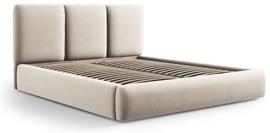 Letto matrimoniale imbottito color crema in velluto con contenitore con rete inclusa 160x200 cm Brody – Mazzini Beds
