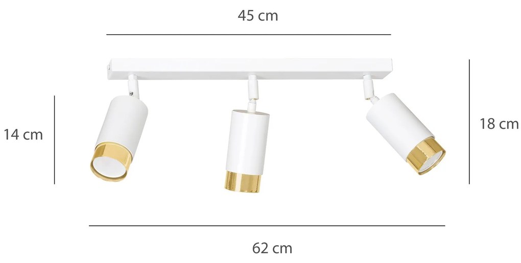 Plafoniera 3 Luci A Faretti Orientabili A Cilindro In Acciaio Bianco E Oro