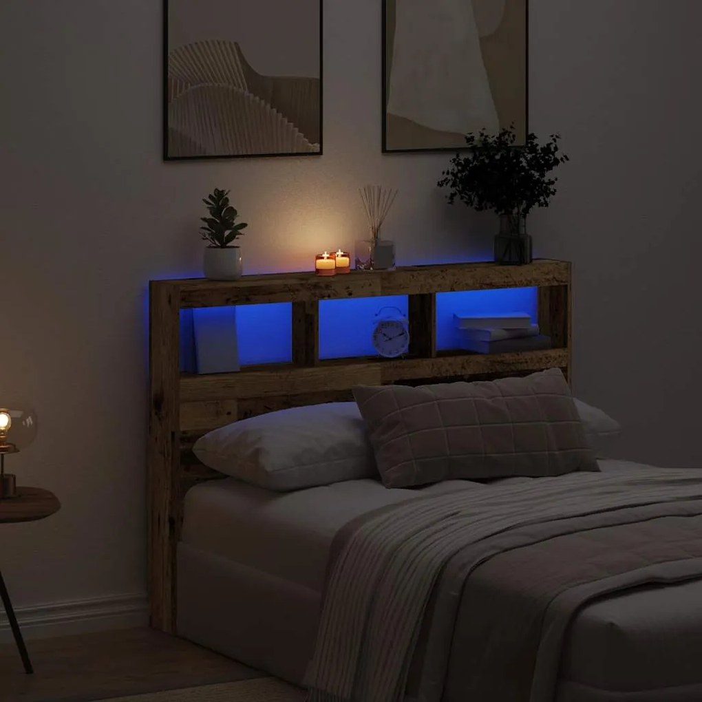 Testiera Con Contenitore A Led Legno Antico 140x17x102 Cm /