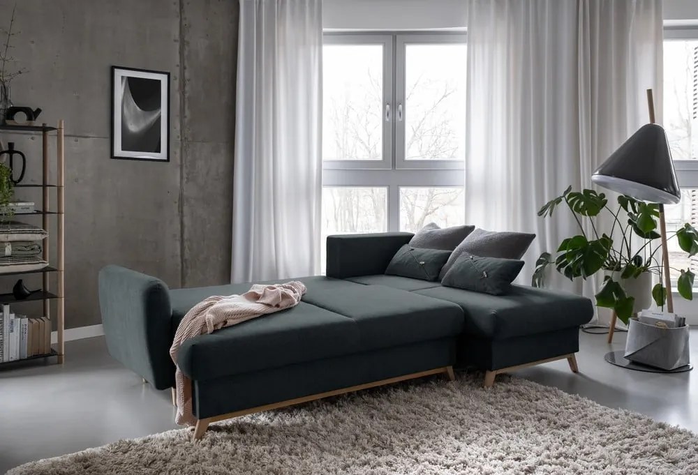 Divano angolare grigio scuro allungabile/con contenitore (con penisola a destra/con chaise lounge) Scandic Lagom – Miuform