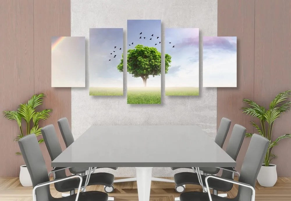Quadri 5 pezzi – Albero solitario nel prato