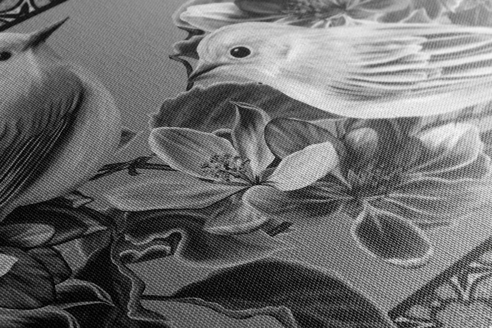 Stampa su tela – Uccellini e fiori in bianco e nero in versione vintage