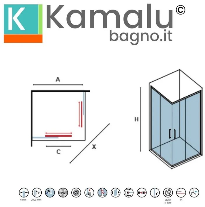 Kamalu - Box doccia 100x100 finitura cromo apertura doppio scorrevole| KZ-1000