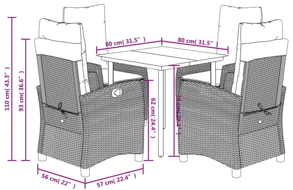 Set da Pranzo da Giardino 5 pz Nero con Cuscini in Polyrattan