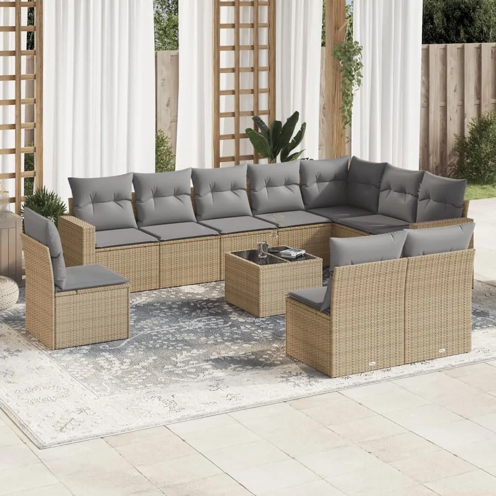 Set divani da giardino 11 pz con cuscini beige in polyrattan