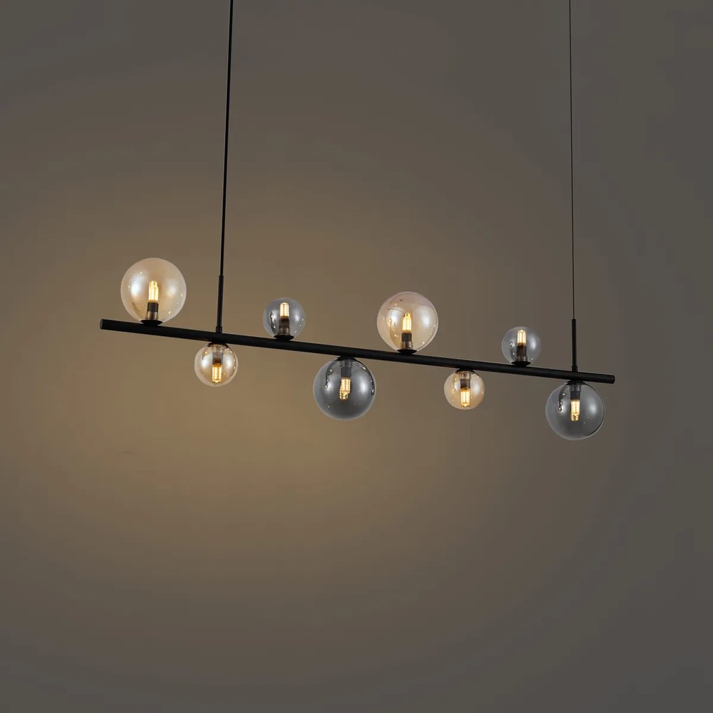 Lampada a sospensione nera con vetro fumé e ambrato rettangolare a 8 luci - Monaco