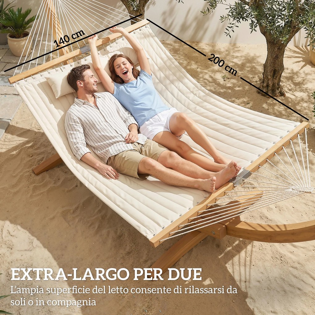 Amaca da Giardino 325x140x2,5 cm con Cuscino e Tasca in Poliestere con Barre di Legno Bianco Crema...
