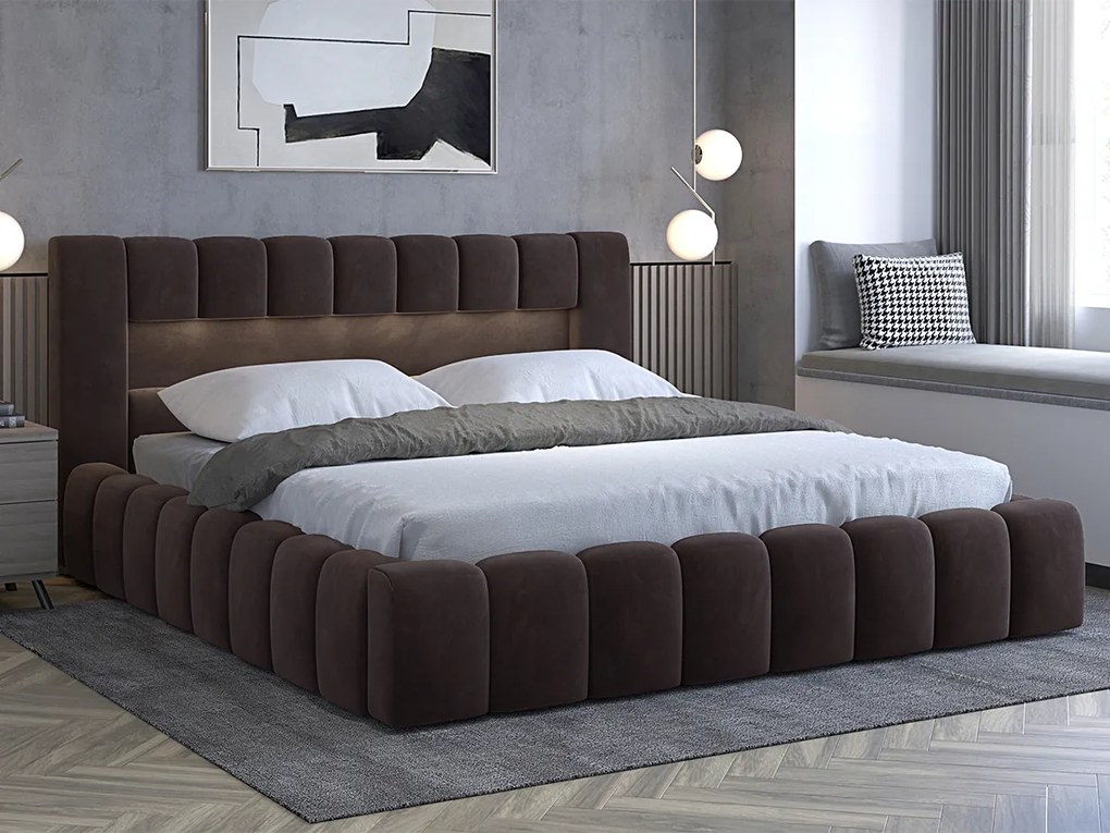 Letto matrimoniale con box contenitore Santander - 160 x 200 cm , Tessuto marrone