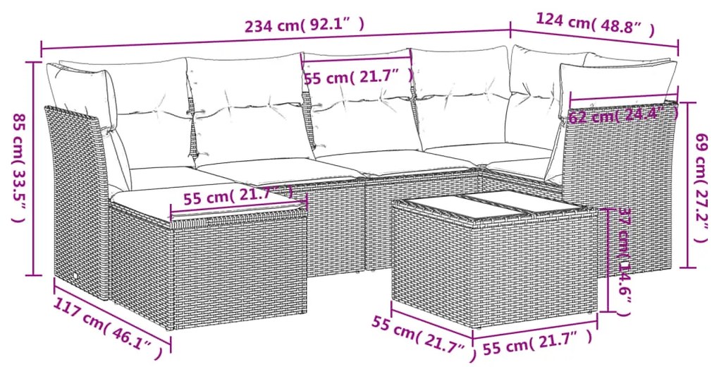 Set divani da giardino 7 pz con cuscini grigio in polyrattan