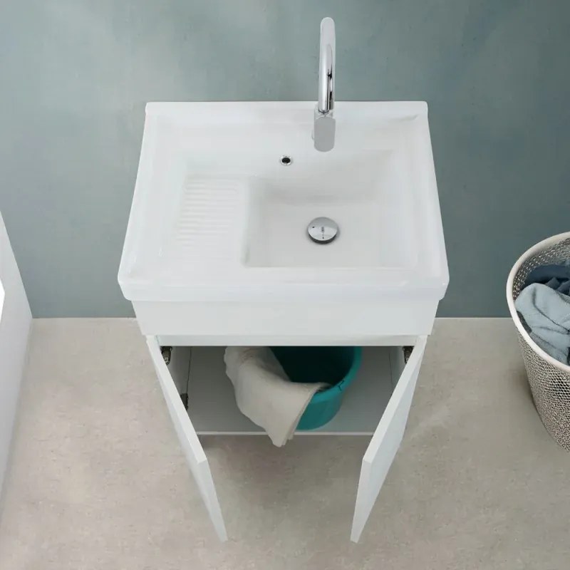 Mobile lavatoio 60x46,8 cm bianco frassinato con vasca in ceramica bianca