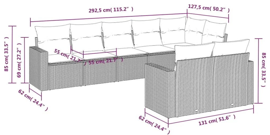 Set divani da giardino 8 pz con cuscini marrone in polyrattan