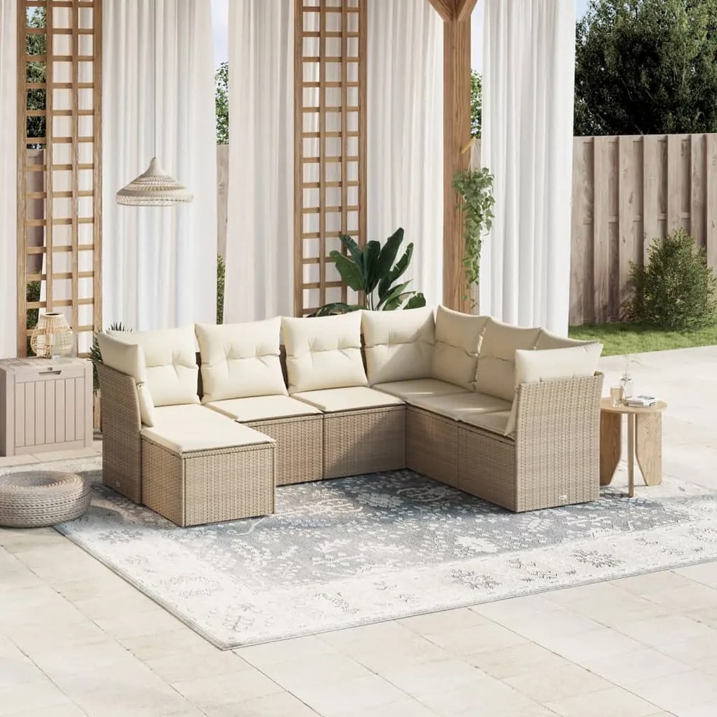 Set Divani da Giardino 7 pz con Cuscini Beige in Polyrattan