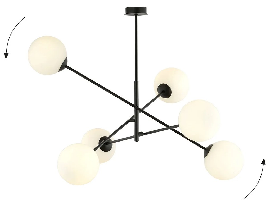 Lampadario 6 Luci Yama In Acciao Nero Con Bracci Regolabili E Vetro Opale