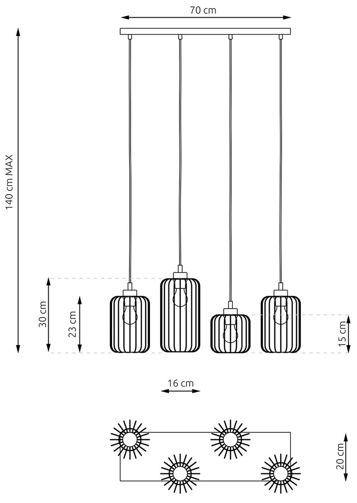 Sospensione Minimal Industrial Minerva 4 Luci Lineari Nera E Oro