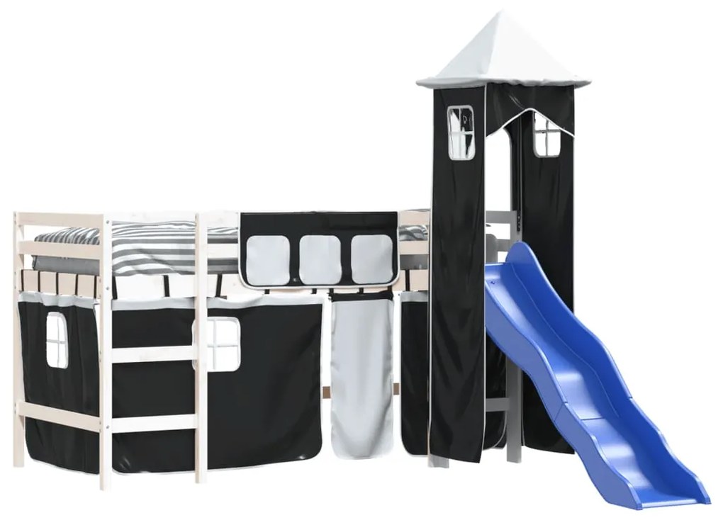 Letto a soppalco con torre bambini bianco e nero 90x190cm pino
