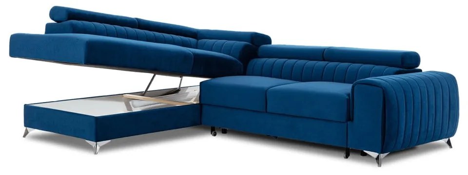 Divano angolare blu allungabile/con contenitore (con penisola a sinistra/a L) e rivestimento in velluto Laurence – ELTAP