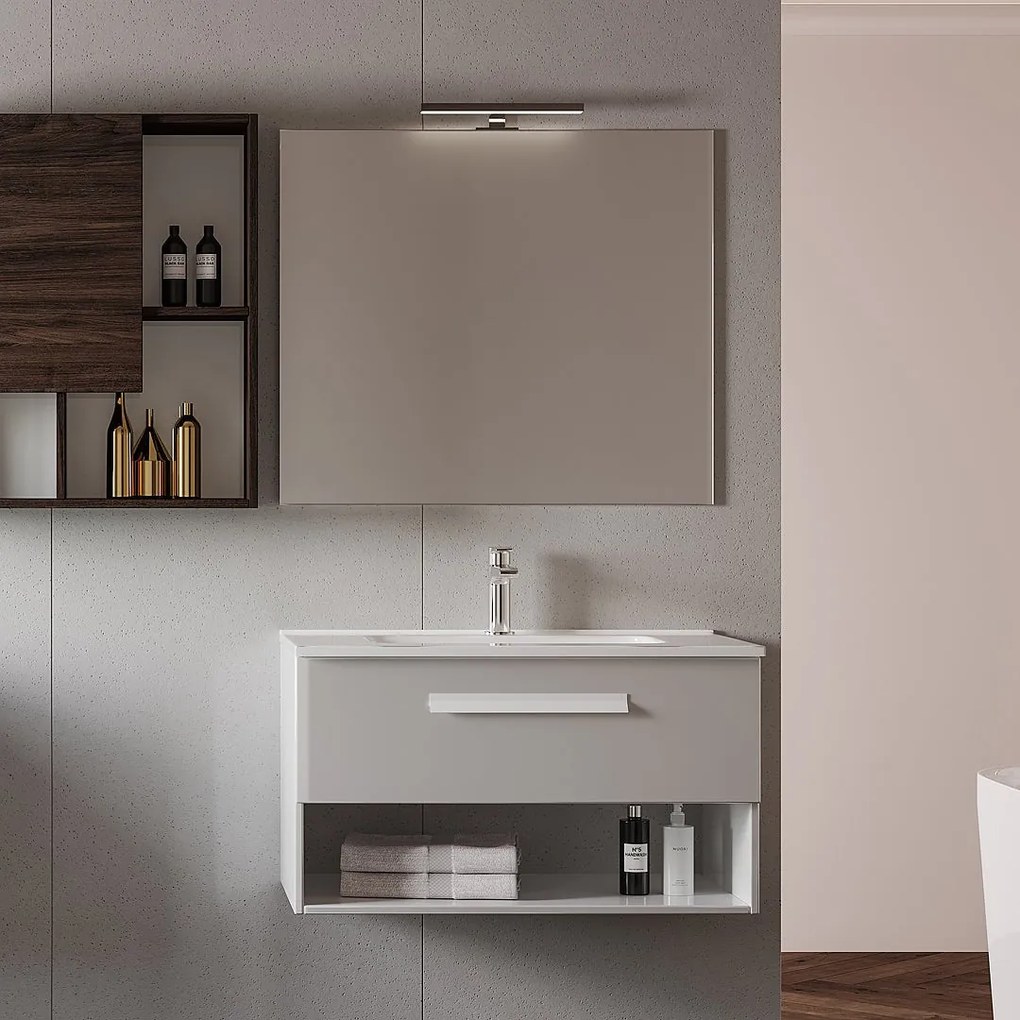 Mobile Bagno Sospeso 80 Cm Un Cassetto Con Vano a Giorno Specchio Con Lampada Led 81x70 Cm Savini "Aura 2"