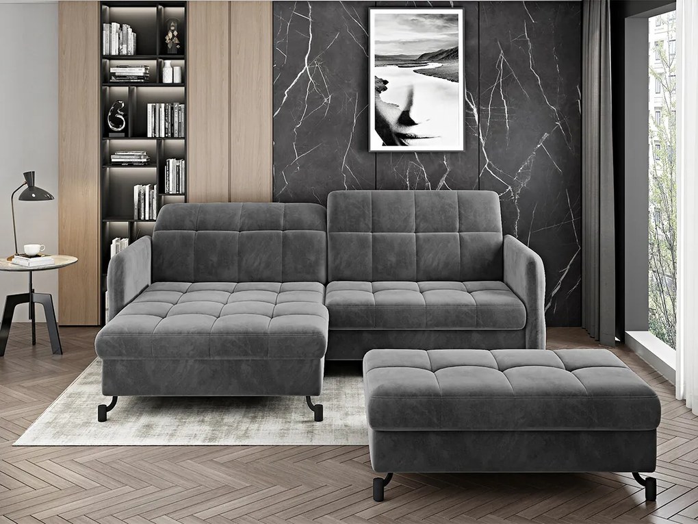 Divano letto angolare con pouf Chamonix - Tessuto grigio