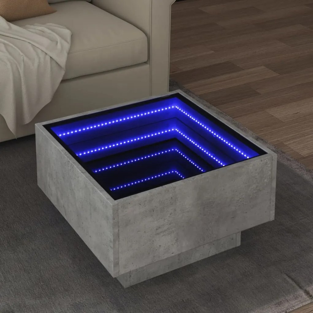 Tavolino salotto con led grigio cemento 50x50x30 cm multistrato