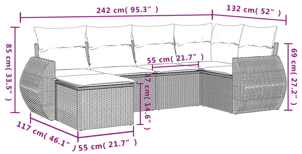 Set Divano da Giardino 6 pz con Cuscini Nero in Polyrattan