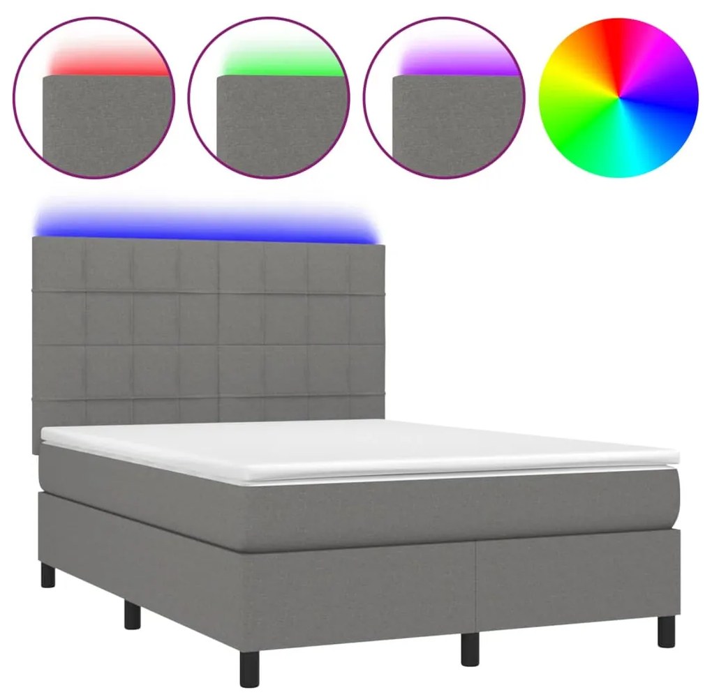 Letto a molle materasso e led grigio scuro 140x190cm in tessuto