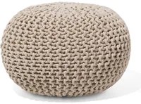 Pouf ottomana beige in cotone lavorato a maglia perline EPS riempimento rotondo piccolo poggiapiedi 40 x 25 cm