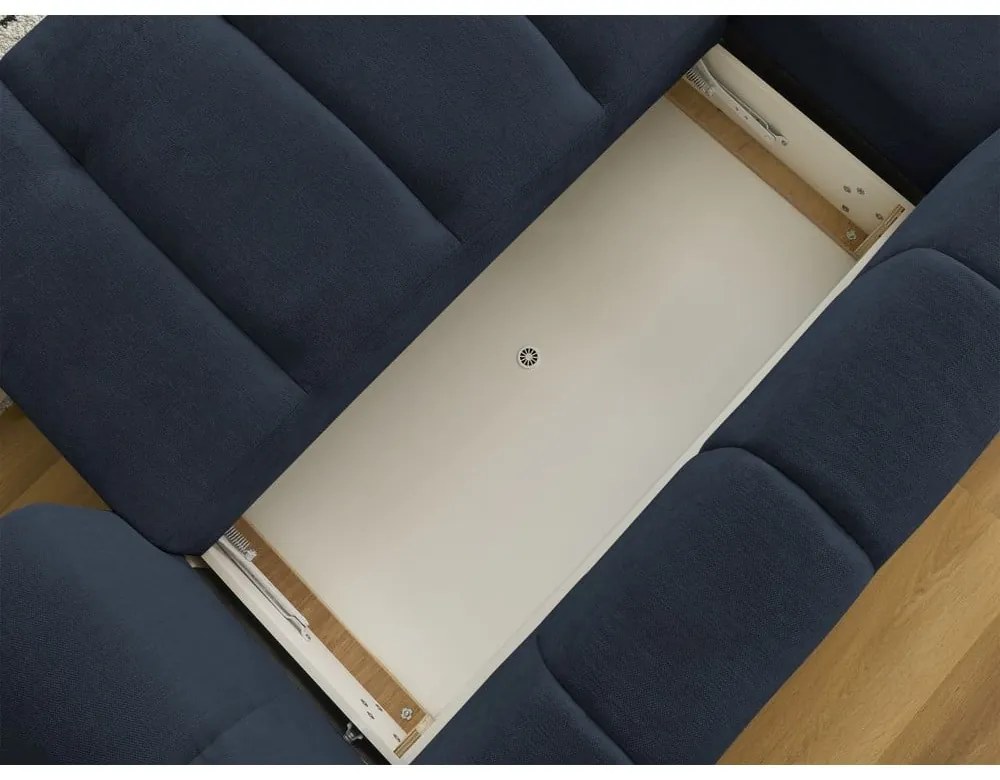 Divano angolare blu scuro allungabile e con contenitore (penisola a sinistra/chaise lounge) con rivestimento in ciniglia Fuji – Bobochic Paris