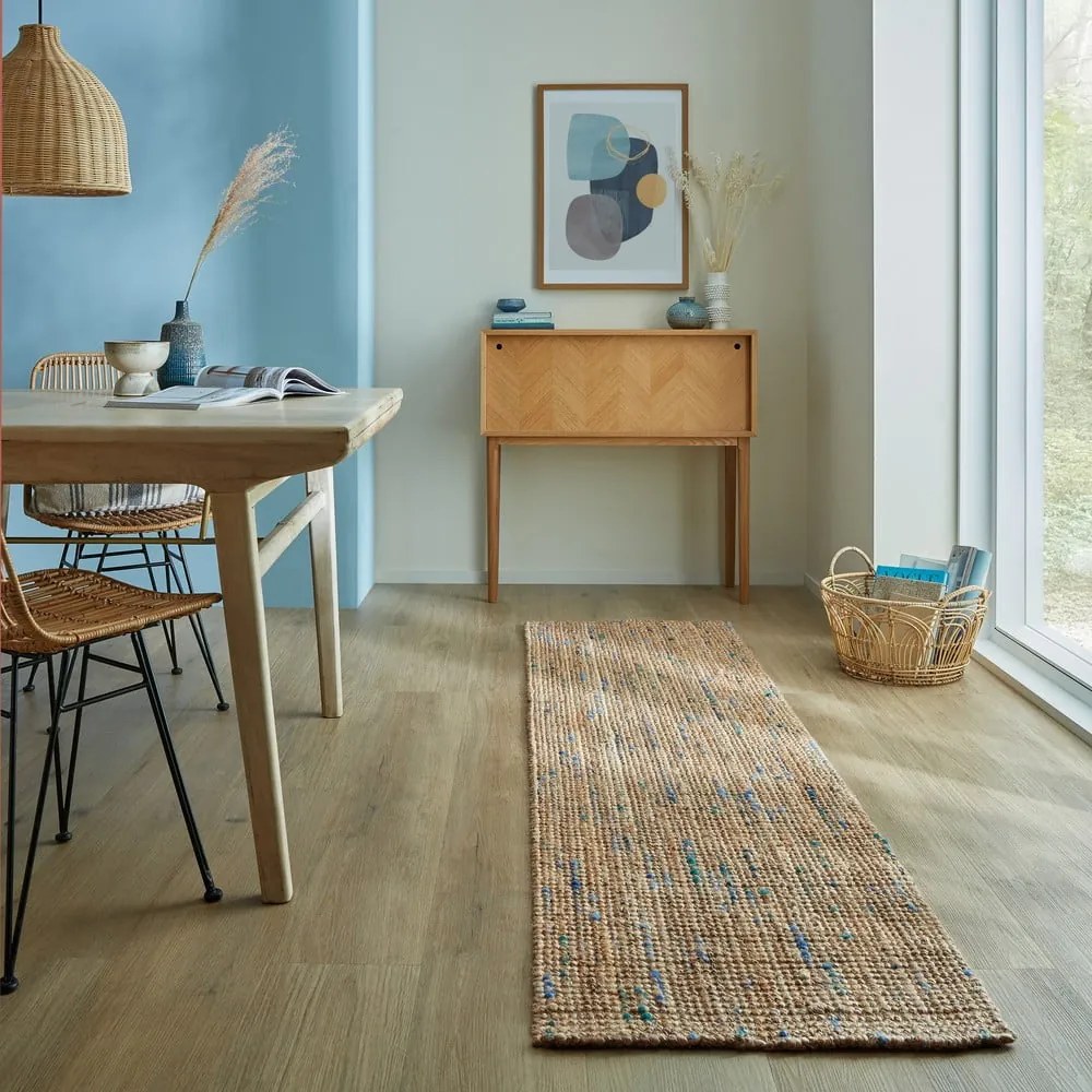 Passatoia blu/di colore naturale in iuta tessuta a mano 60x230 cm Jute Boucle Blue – Flair Rugs
