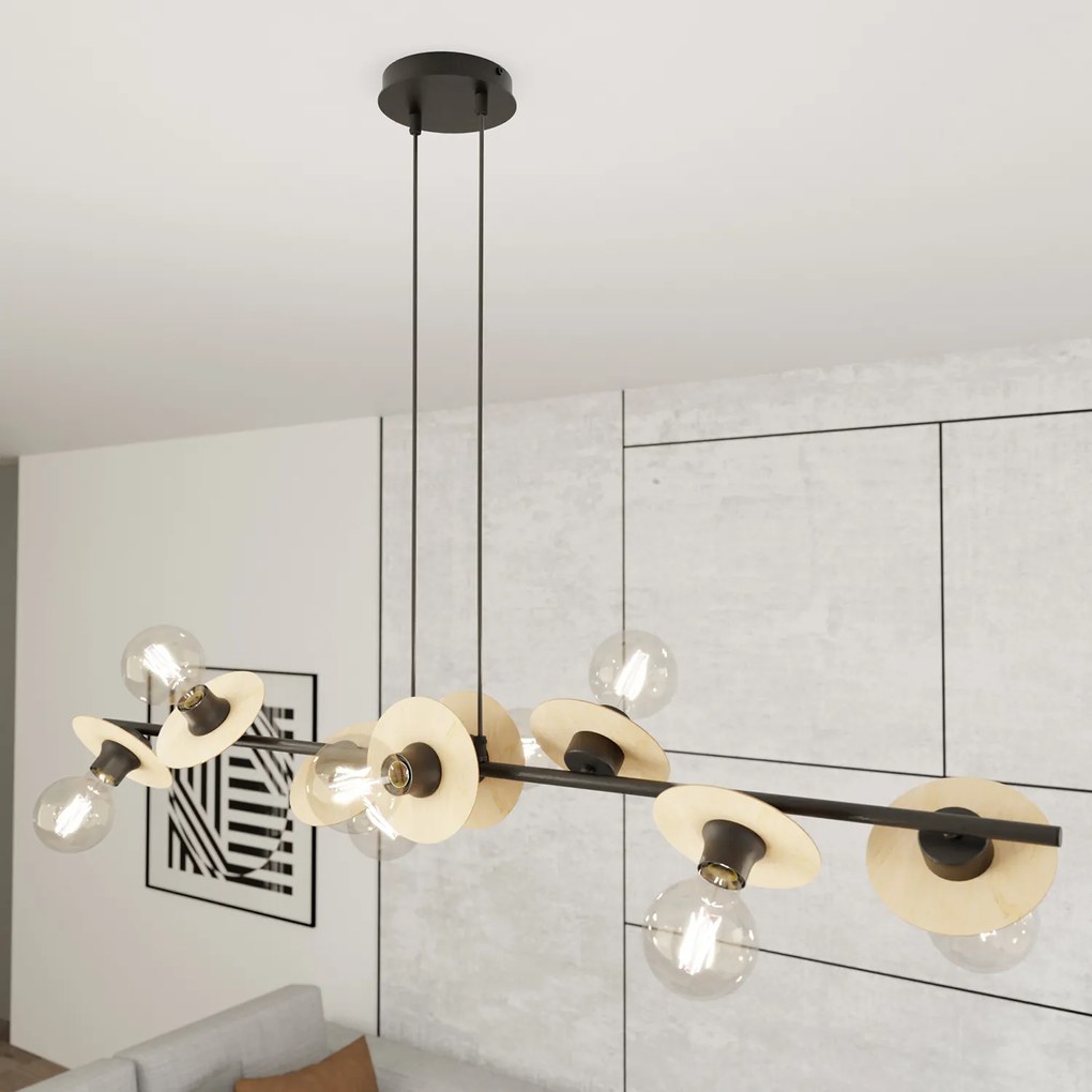 Lampadario 8 Luci Eos In Acciaio Nero E Legno Con Barra E Diffusori A Piatti