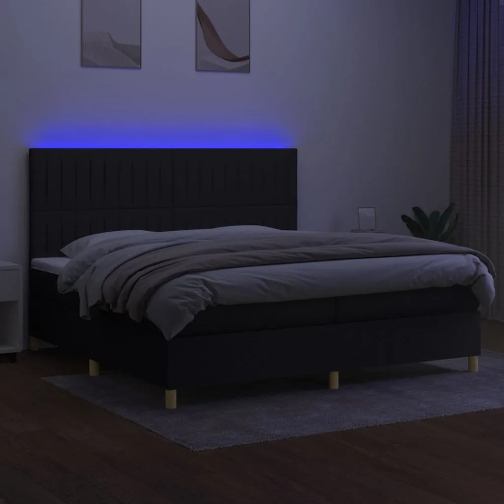 Letto a molle materasso e led nero 200x200cm in tessuto