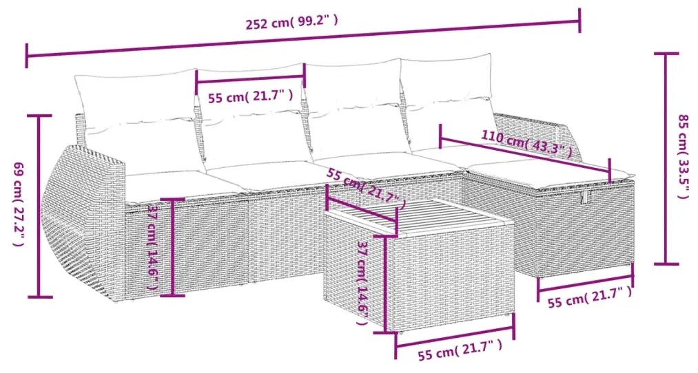 Set divano da giardino 6 pz con cuscini beige in polyrattan