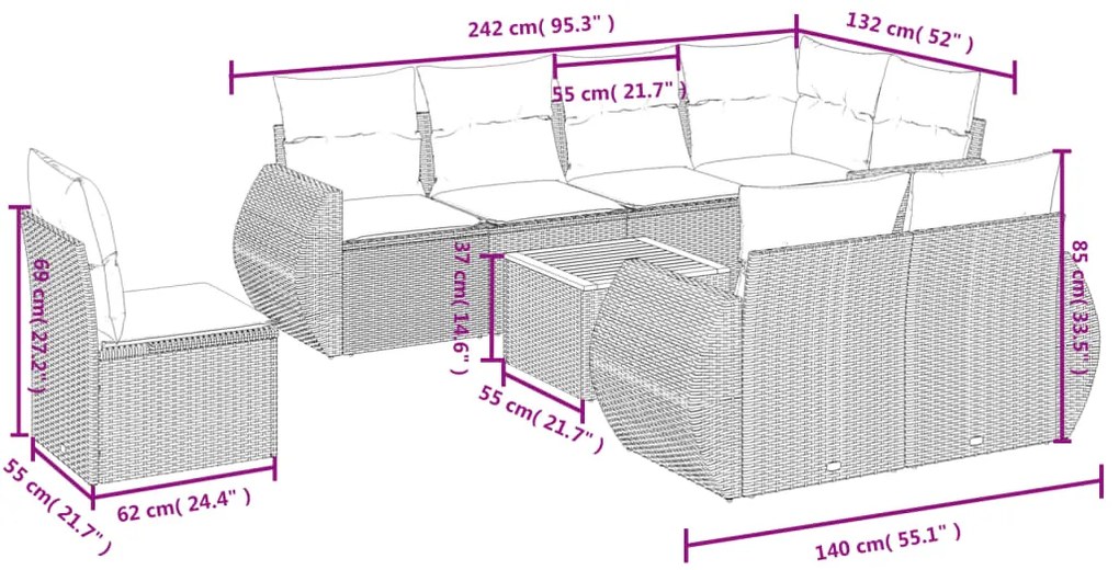 Set Divani da Giardino 9 pz con Cuscini Nero in Polyrattan