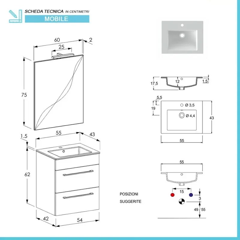 Mobile bagno sospeso 55 cm Smart bianco legno con lavabo e specchio
