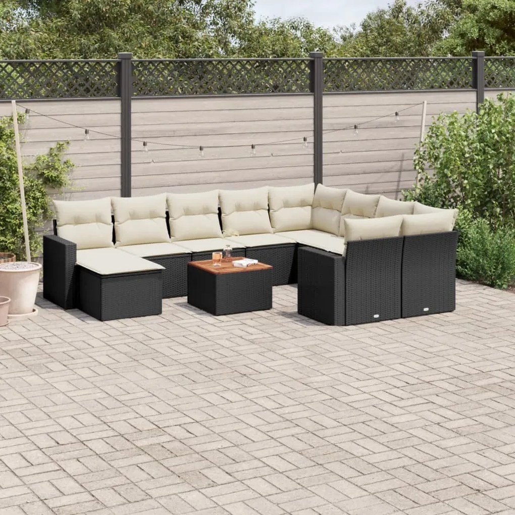 Set divani da giardino 11 pz con cuscini in polyrattan nero