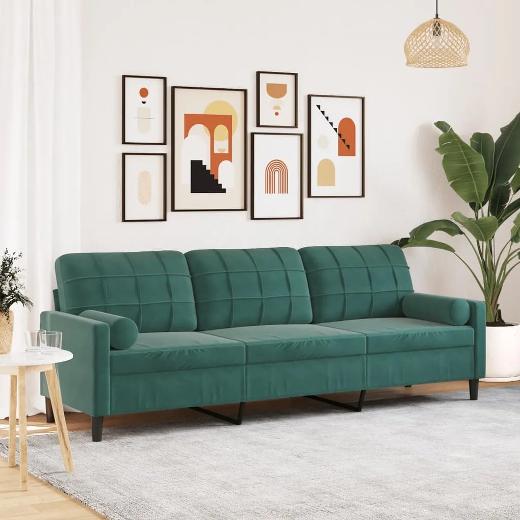 Divano A 3 Posti Con Cuscini Verde Scuro 210 Cm İn Velluto /