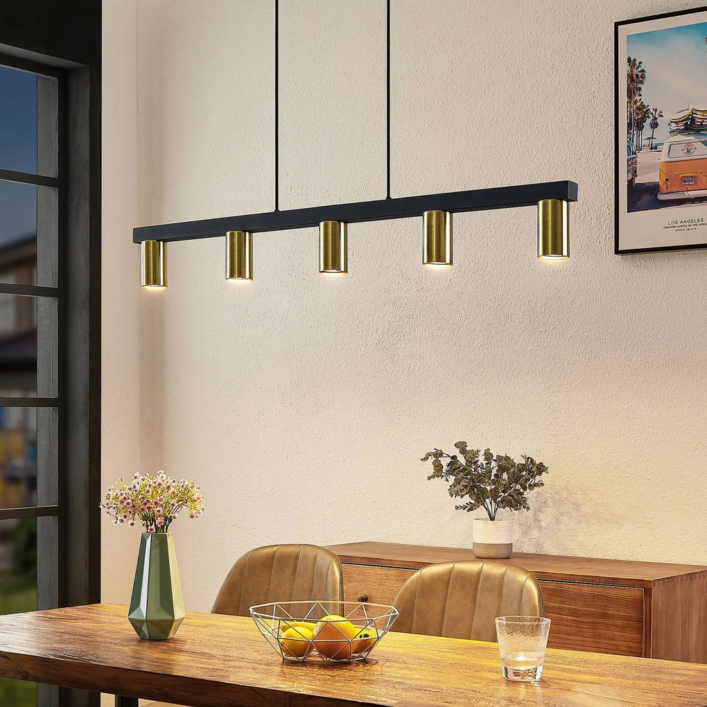 Lindby Baliko lampada a sospensione, 116 cm, a 5 luci, ottone, nero