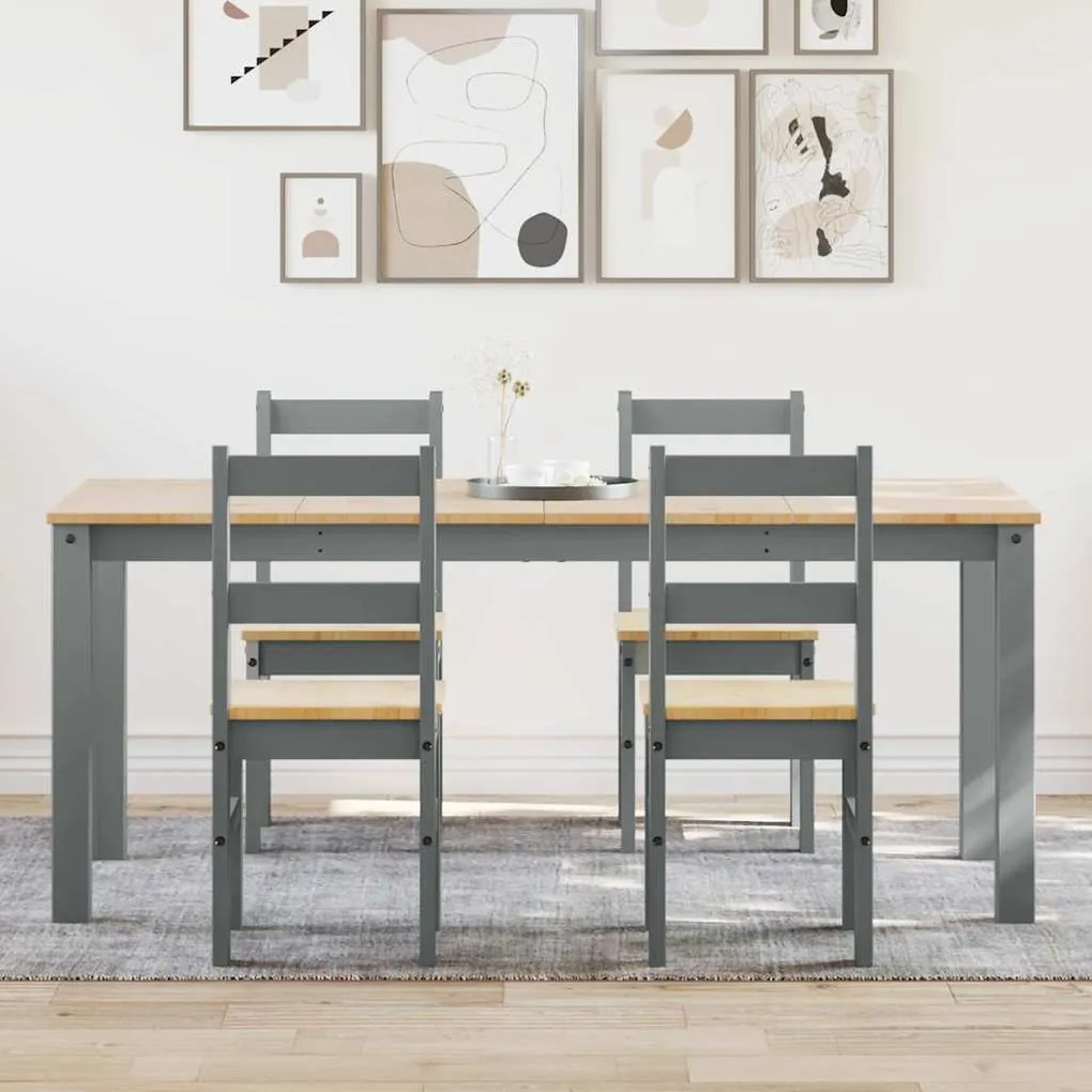 Set Da Pranzo 5 Pz Panama Grigio İn Legno Massello Di Pino /