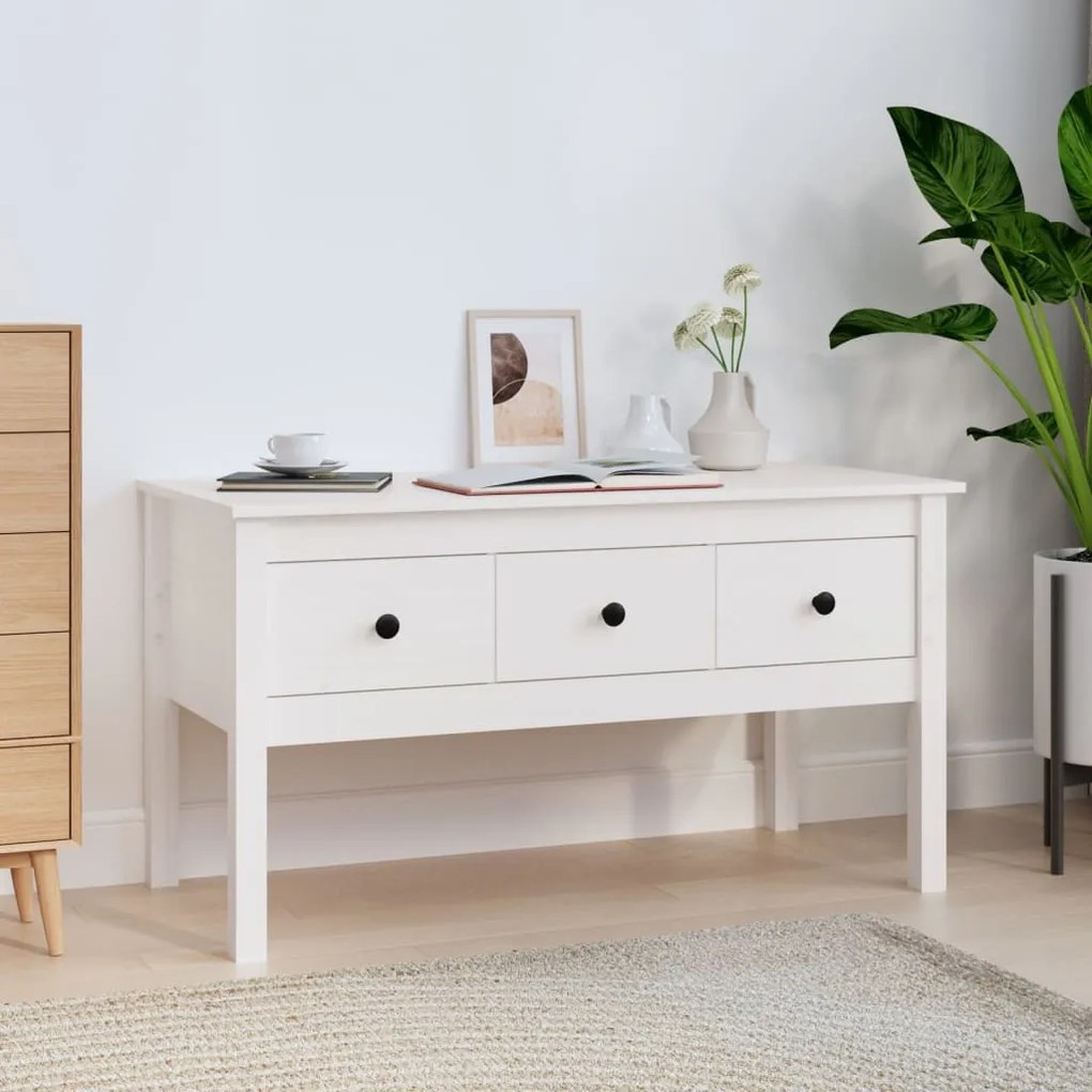 Tavolino Da Salotto Bianco 102x49x55 Cm Legno Massello Di Pino /