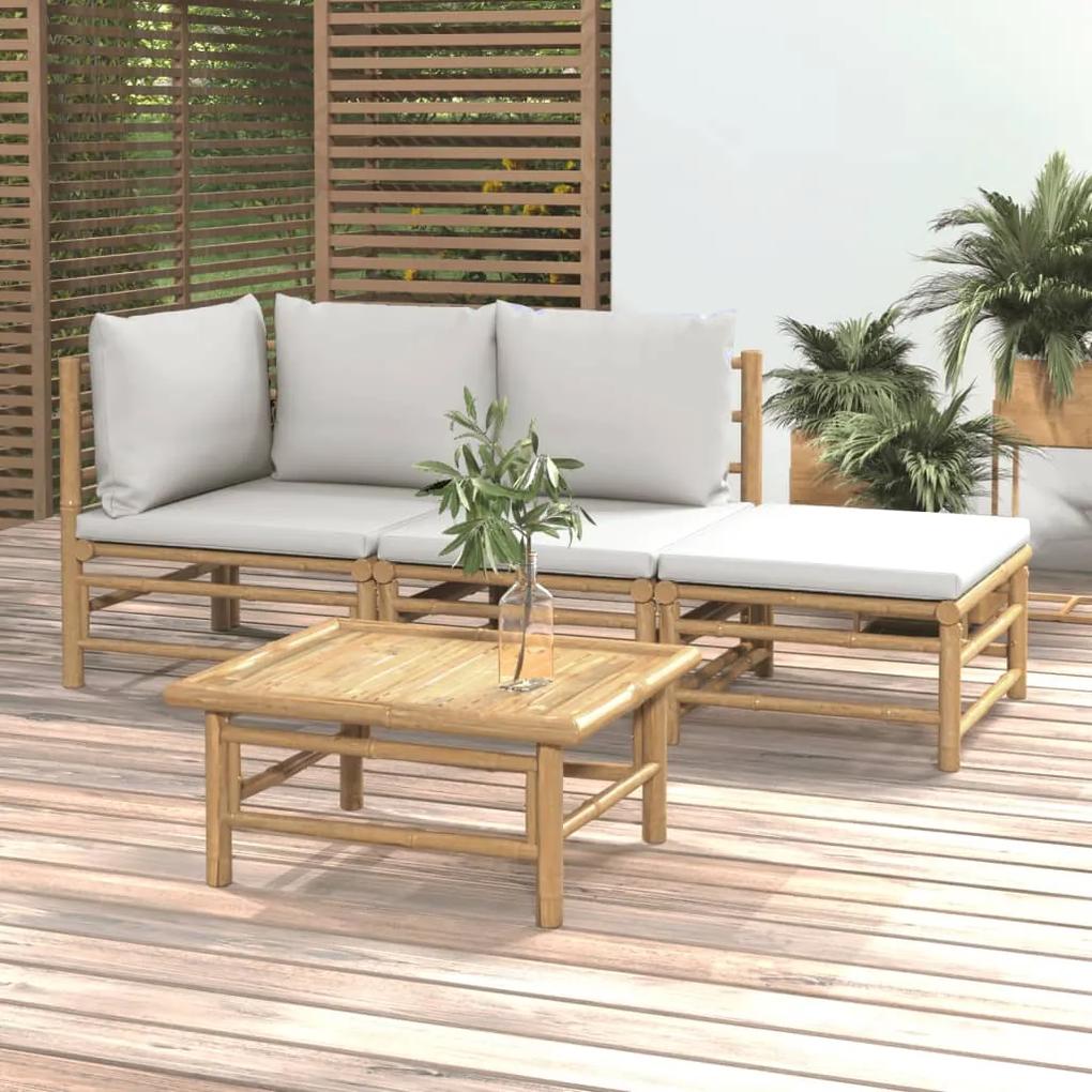 Set salotto da giardino 4pz con cuscini grigio chiaro bambù