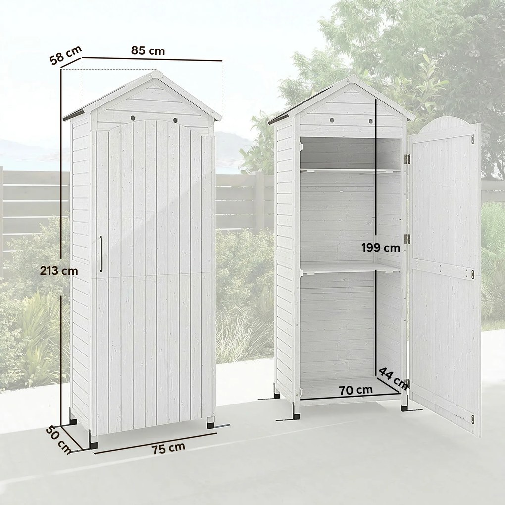 Casetta Box da Giardino 85x58x213 cm Ripostiglio con Scaffali Regolabili e Tetto Zincato in Legno Bianco...