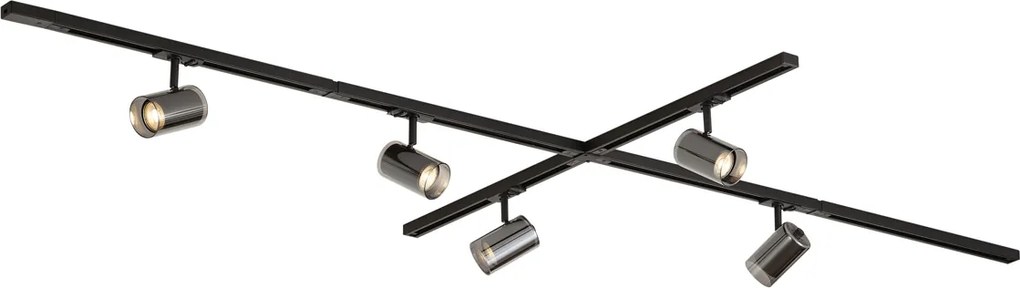 Sistema di illuminazione a binario moderno nero con 5 faretti monofase - Iconic Lloyd