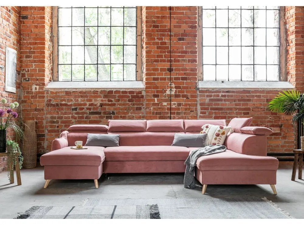 Divano letto angolare a U in velluto rosa chiaro (angolo destro) Sweet Harmony - Miuform
