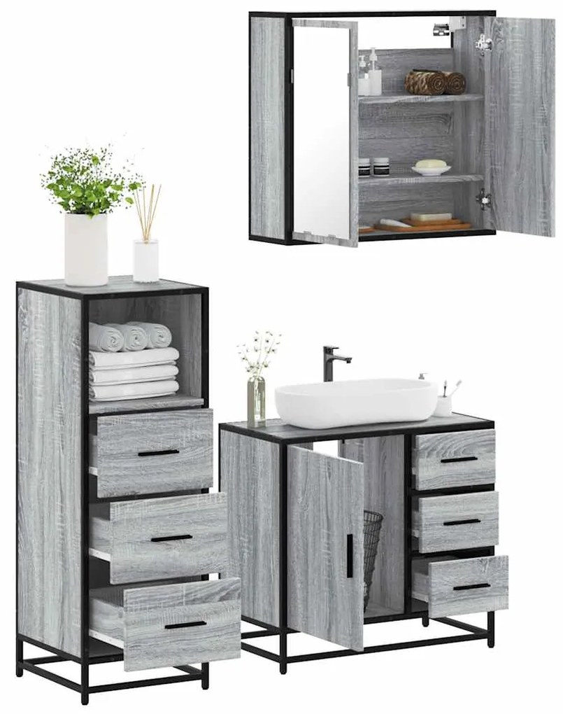 Set Mobili Da Bagno 3 Pz Grigio Sonoma İn Legno Multistrato /
