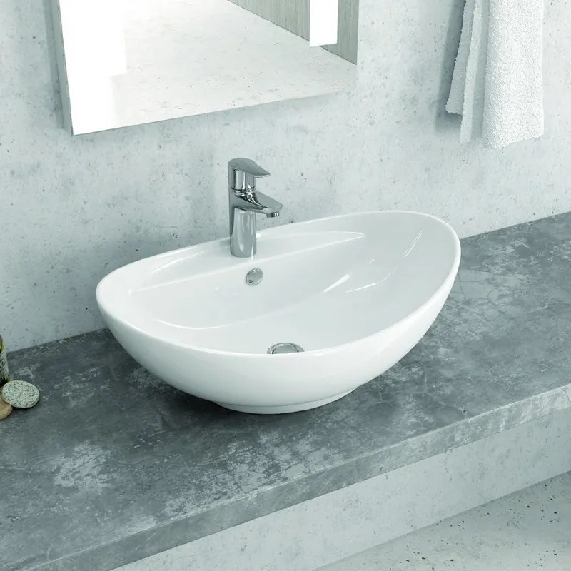 Lavabo da appoggio ovale design a bacinella in ceramica bianca | Litos-359 - KAMALU