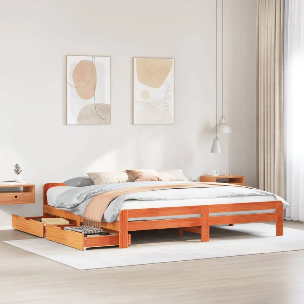 Letto Senza Materasso Marrone Cera 200x200 Cm İn Legno Di Pino /
