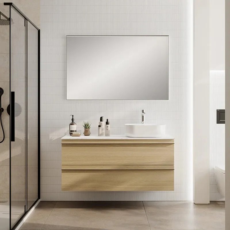 Mobile Linea L120 H55 P45 in laminato rovere natura 2 cassetti a chiusura ammortizzata e top gres calacatta