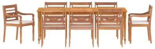 Set Pranzo Giardino 9pz con Cuscini Bianchi Legno Massello Teak